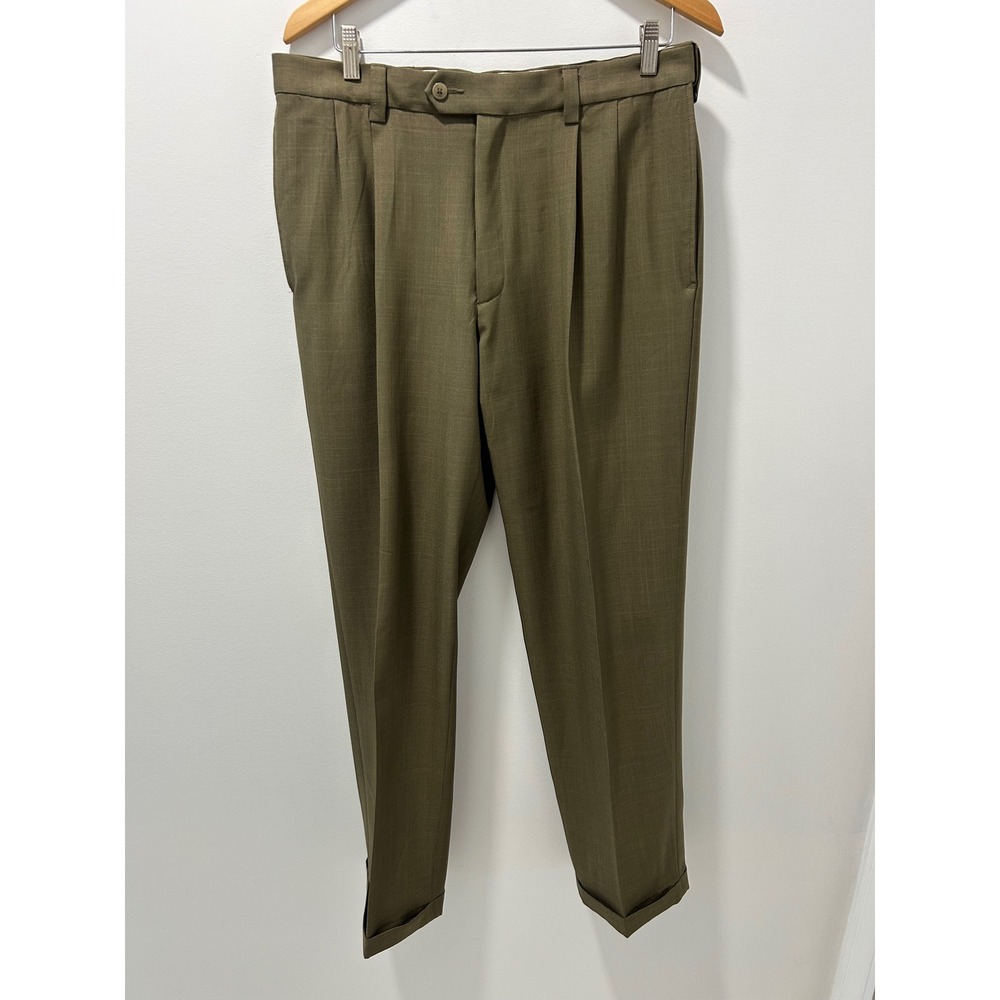 Haggar Mens Pleated Dress Pants Olive Green Cuffed Trousers 34x32